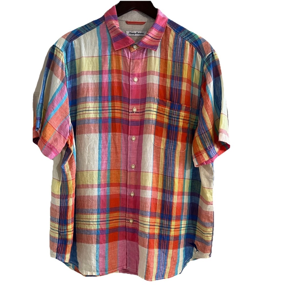 Tommy Bahama Multicolor Plaid Linen Shirt Men's L Short Sleeve Button Up Coastal
